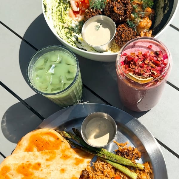 Pelican Restaurant's American cuisine: two entrees, a green iced drink, and a pink smoothie with dried petals.